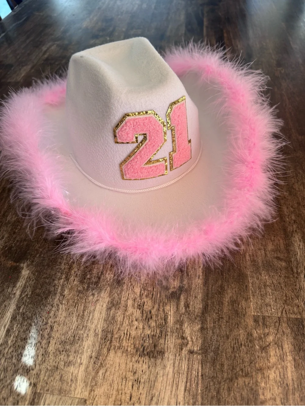 21st Birthday White Cowboy Hat with Pink Feather Trim